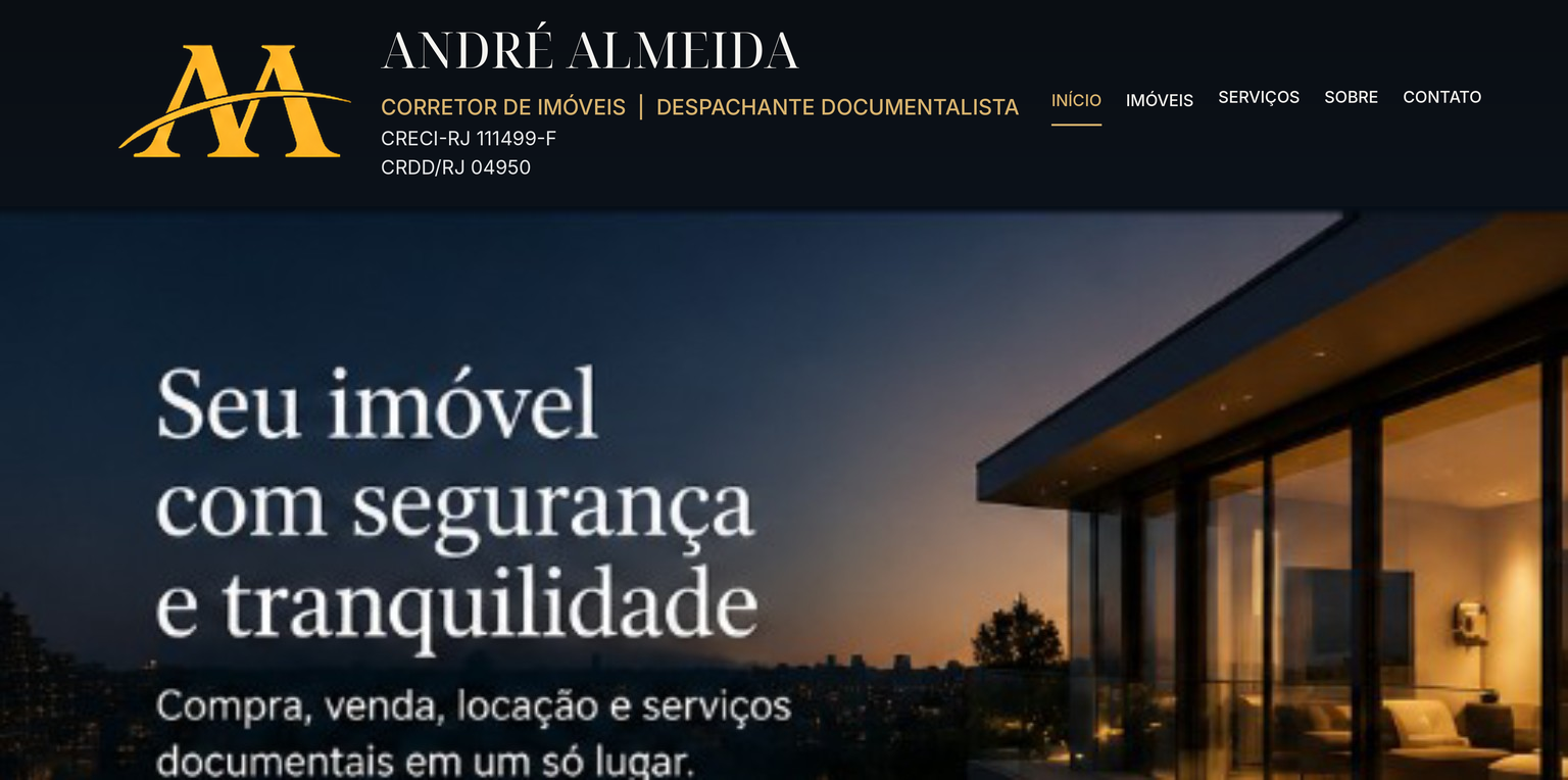 Início do site André Almeida. Logomarca AA dourada original, ANDRÉ ALMEIDA, Corretor de Imóveis, Despachante Documentalista, CRECI-RJ 111499-F, CRDD/RJ 04950. Seu imóvel com segurança e tranquilidade. Compra, venda, locação e serviços documentais em um só lugar. Casa moderna iluminada ao entardecer.